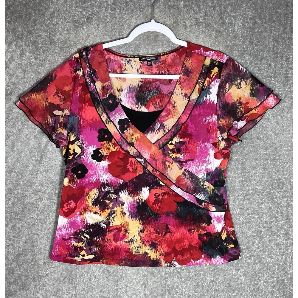 Notations Top‎ Womens Size PXL Abstract Floral Sheer Tiered Sleeves & Neckline